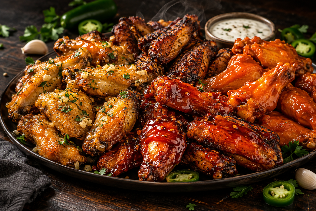 Assorted hot sauce chicken wings with garlic and jalapeños