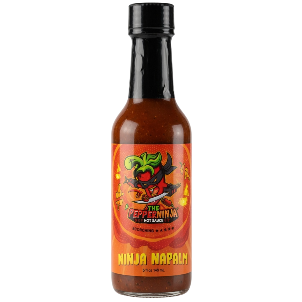A bottle of The Pepper Ninja Hot Sauce, Scorpion flavor, featuring a black cap and a vibrant orange label with a cartoon ninja pepper illustration, set against a plain white background.