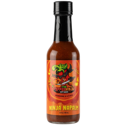 A bottle of The Pepper Ninja Hot Sauce, Scorpion flavor, featuring a black cap and a vibrant orange label with a cartoon ninja pepper illustration, set against a plain white background.