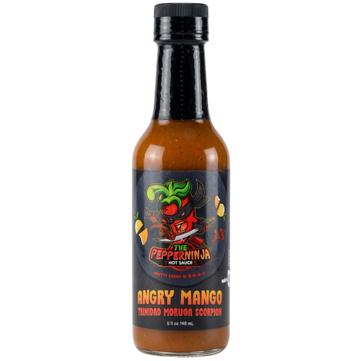 A bottle of Pepper Ninja 'Angry Mango' hot sauce on a plain white background. The bottle contains a reddish-brown sauce and features a black cap and a black label with a colorful cartoon scorpion graphic.
