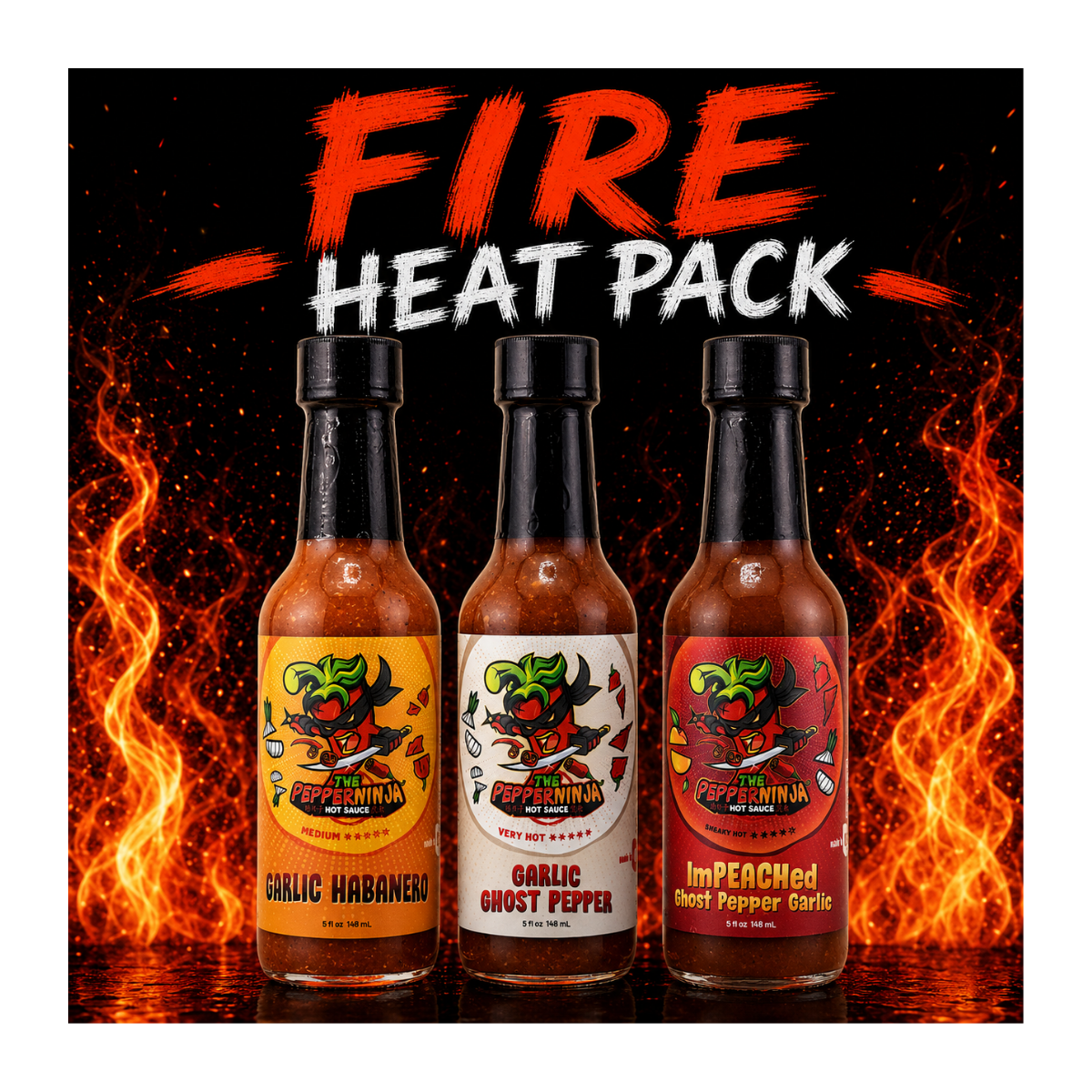 Three bottles of hot sauce labeled Garlic Habanero, Garlic Ghost Pepper, and Impaled Hot Pepper Garlic, grouped under a large 'FIRE HEAT PACK' title with fiery graphics on a black background.
