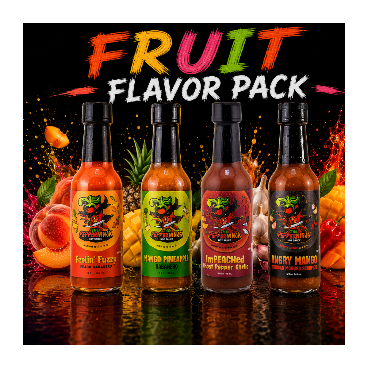 Four bottles of Pepperminia hot sauces lined up against a dark, vibrant fruit-themed background with the text 'FRUIT FLAVOR PACK' at the top. The bottles contain orange, yellow-green, red, and dark brown sauces and are labeled with flavors: Feelin' Fuzzy, Mango Pineapple, Impaled Hot Pepper Sauce, and Angry Mango.