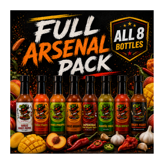 A promotional graphic for an 'All 8 Bottles' full arsenal pack of hot peppers. Eight bottles of various hot pepper sauces are lined up against a dark background with fiery red splatters, surrounded by fresh peppers, garlic, onions, and fruit.