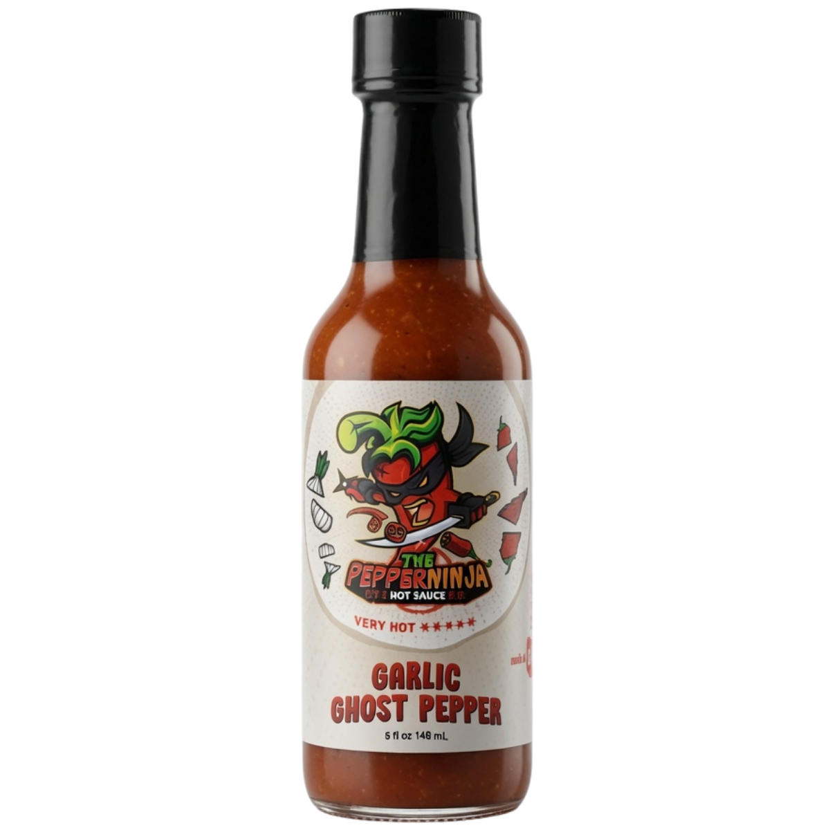 A bottle of The Pepper Ninja Garlic Ghost Pepper hot sauce on a plain white background. The bottle is filled with reddish-brown sauce, has a black cap, and a white label featuring a cartoon pepper character and red text.