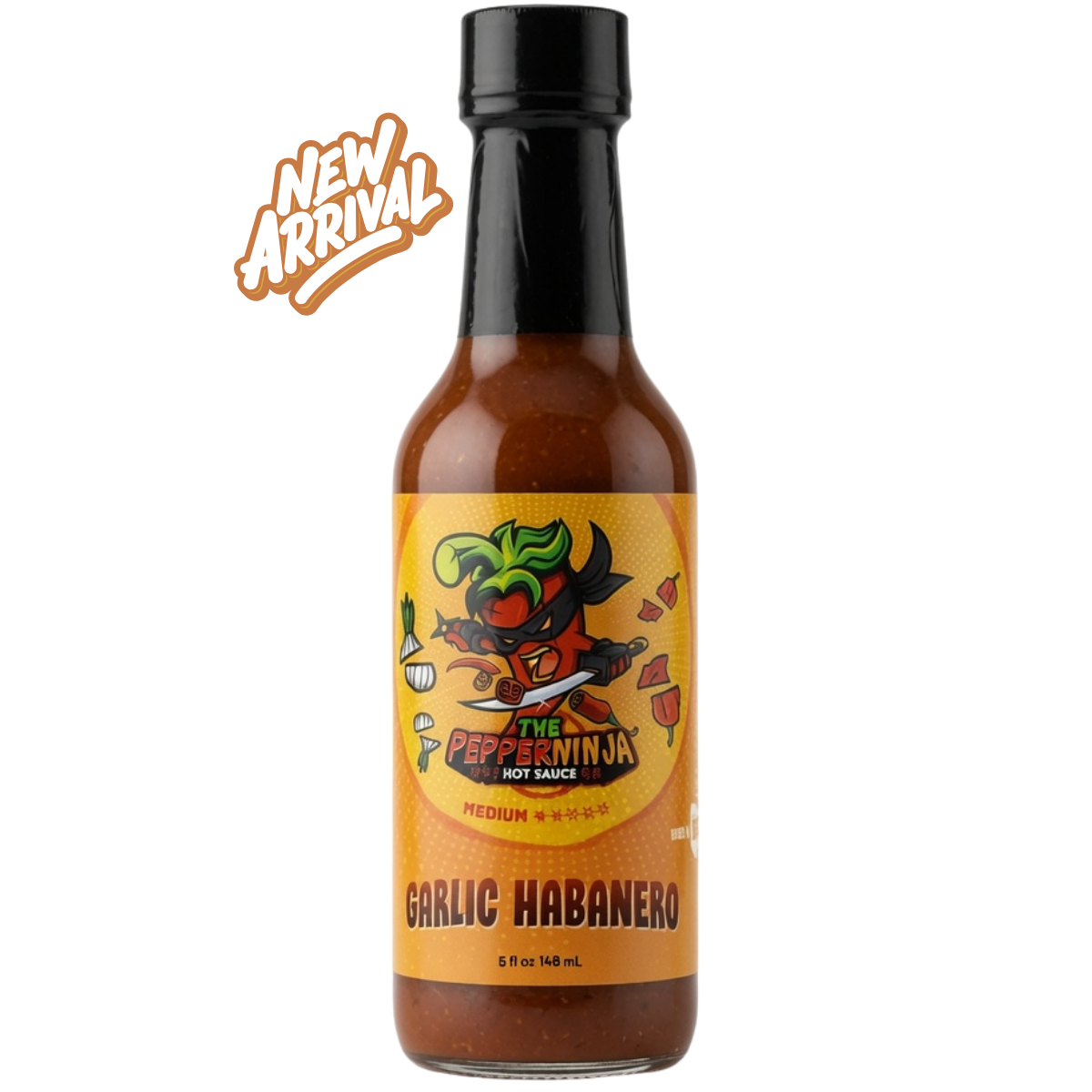A bottle of Pepper Ninja Garlic Habanero hot sauce on a white background with a 'New Arrival' badge. The bottle contains a reddish-brown sauce and has an orange label with a cartoon ninja pepper character.