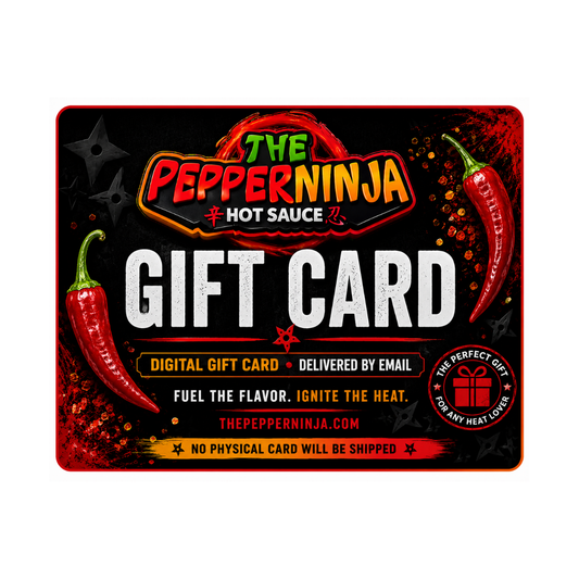 A rectangular Pepperninja Hot Sauce gift card on a plain white background. The card has a black and red design with illustrations of red chili peppers, a throwing star, and bold text reading 'The Pepperninja Hot Sauce' and 'GIFT CARD'.