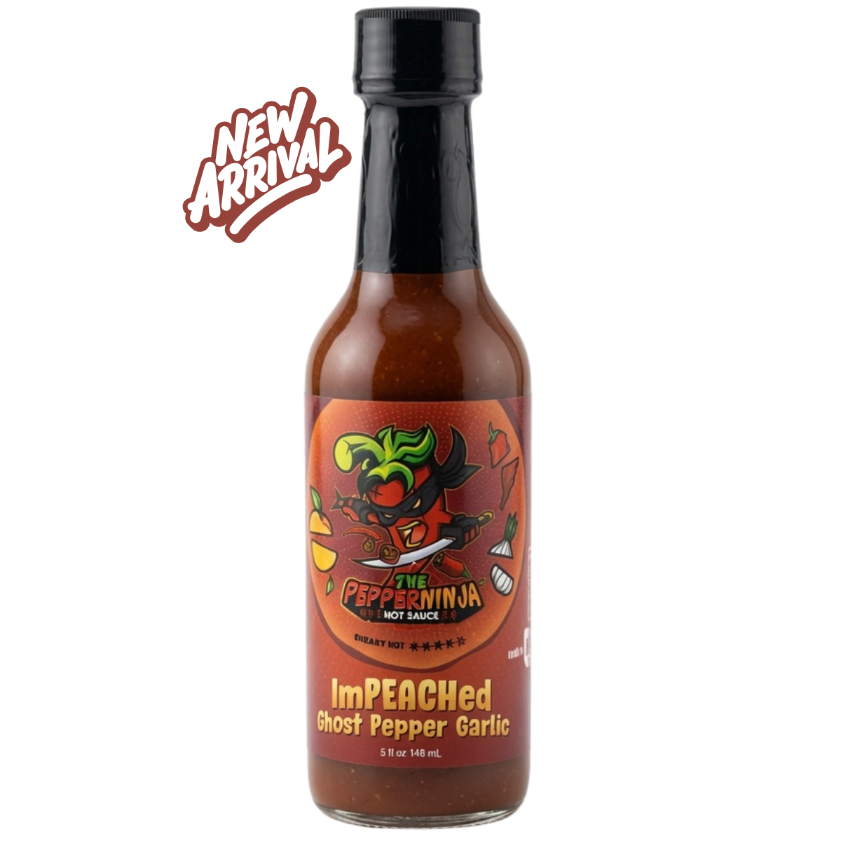 A bottle of Pepperninja 'Impeached' Ghost Pepper Garlic hot sauce on a white background with a red 'New Arrival' badge in the top left corner.