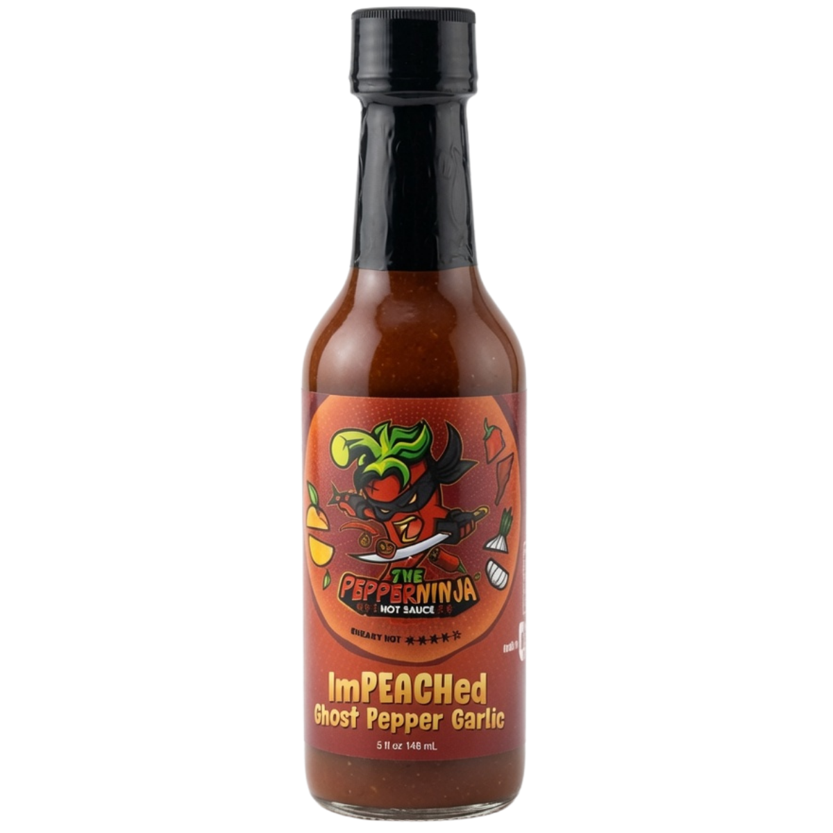 A bottle of Pepperninja 'Impeached' Ghost Pepper Garlic hot sauce, featuring a black cap and a red label with a cartoon graphic, on a white background.
