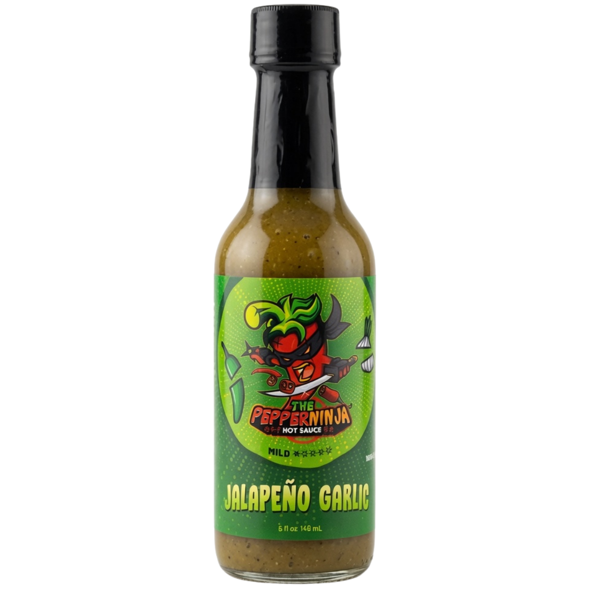 A bottle of Pepper Ninja Mild Heat Jalapeño Garlic hot sauce on a plain white background. The bottle is filled with a greenish-brown sauce and features a black cap and a green cartoon label with a red pepper character.