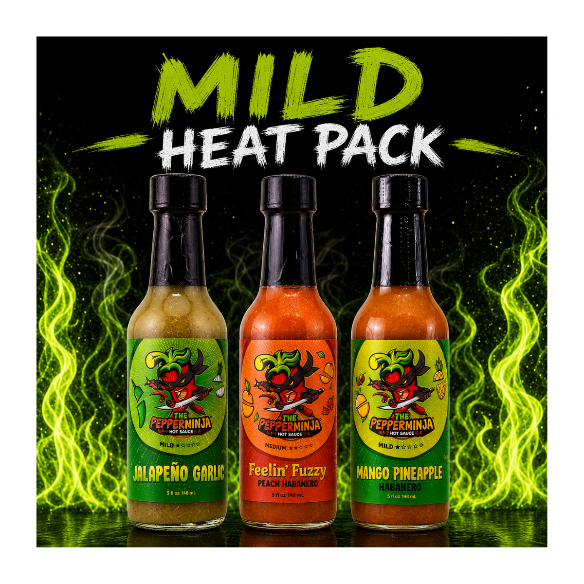 Three bottles of Pepper Ninja Mild Heat Pack hot sauce lined up against a black background with neon green smoke effects and the text 'MILD HEAT PACK' at the top. The bottles contain green, orange, and red liquids and are labeled Jalapeño Garlic, Feelin' Fuzzy Peach Infused, and Mango Pineapple.