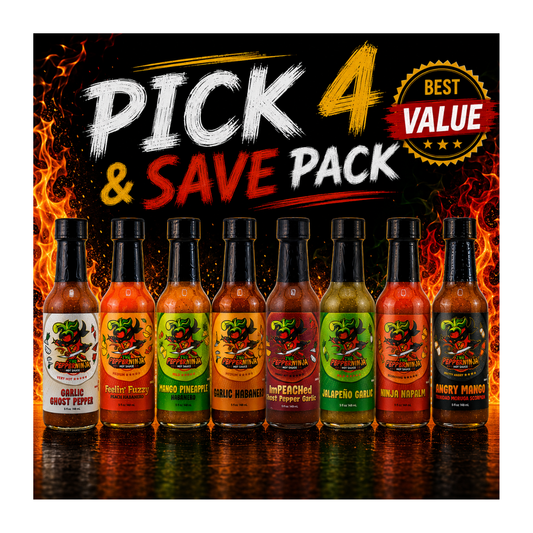 A promotional graphic for a hot sauce 'Pick 4 & Save Pack' featuring eight bottles of hot sauce lined up against a fiery black background with flame graphics. The bottles have colorful labels in red, orange, yellow, green, and brown tones, and the top features a gold 'Best Value' badge.